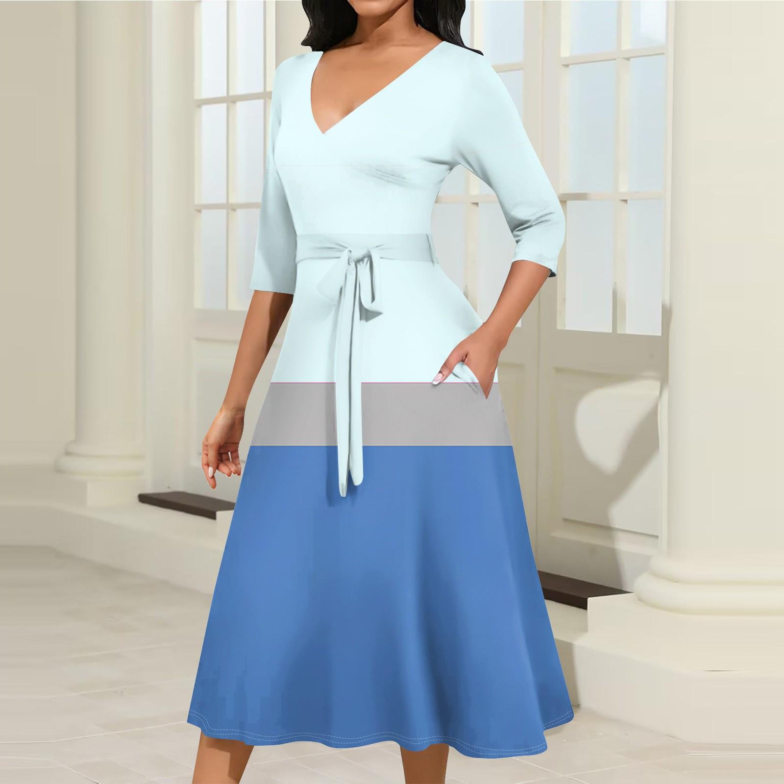 

Женское повседневное модное платье миди с V-образным вырезом и рукавом три четверти XL синий