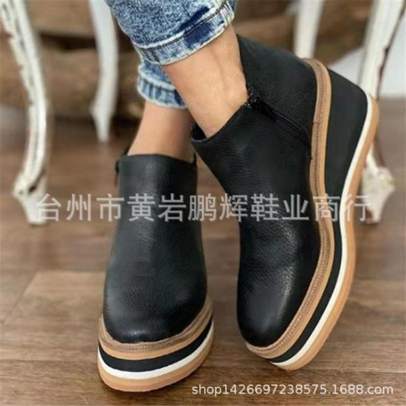 Large size slope heel short boots women's autumn and winter new flat bottom side zipper round head solid color bare boots thick-soled leather boots