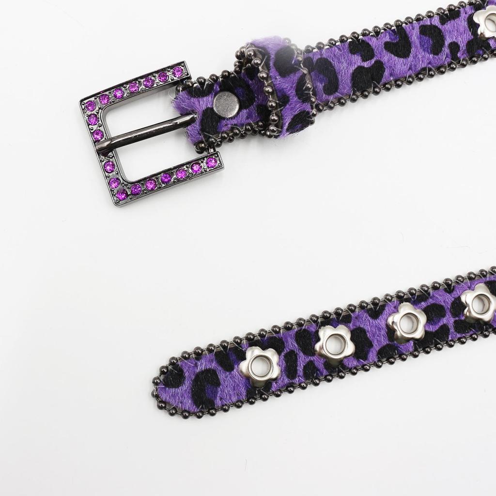 Luxury 2.3cm Leopard Print Leather Belt with Floral Eyelets & Rhinestones, No Punching Needed, Pin Buckle, Fully Diamond-Encrusted.