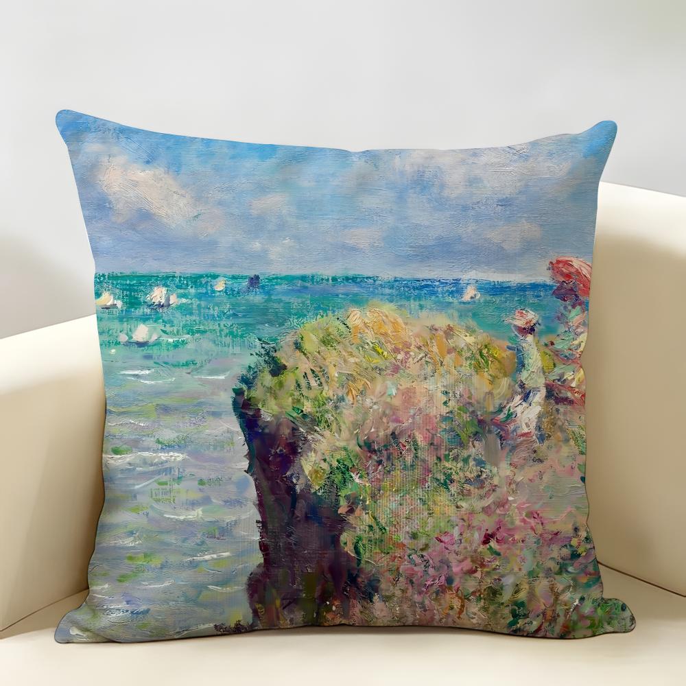 Claude Monet Oil Art Cushion Cover Natural Linen Organic Fabric DoubleSided Printing Room Sofa Decor Pillow Case