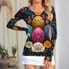 Women's Casual Fashion Round Neck Easter Print Long Sleeve Strip Top