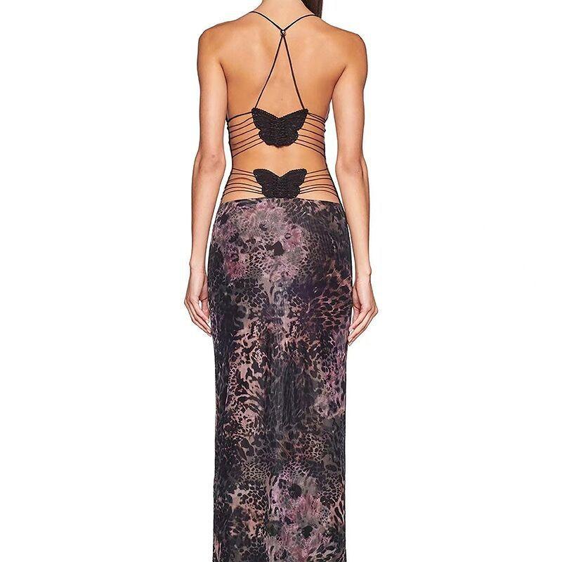 Elegantné Butterfly Women Maxi Šaty Úzke šaty s potlačou Šaty na chrbte Popruhy V Neck Ohlávka Bodycon Hot Girls Club Párty Vestidos Párty šaty Y2k Šaty Župan