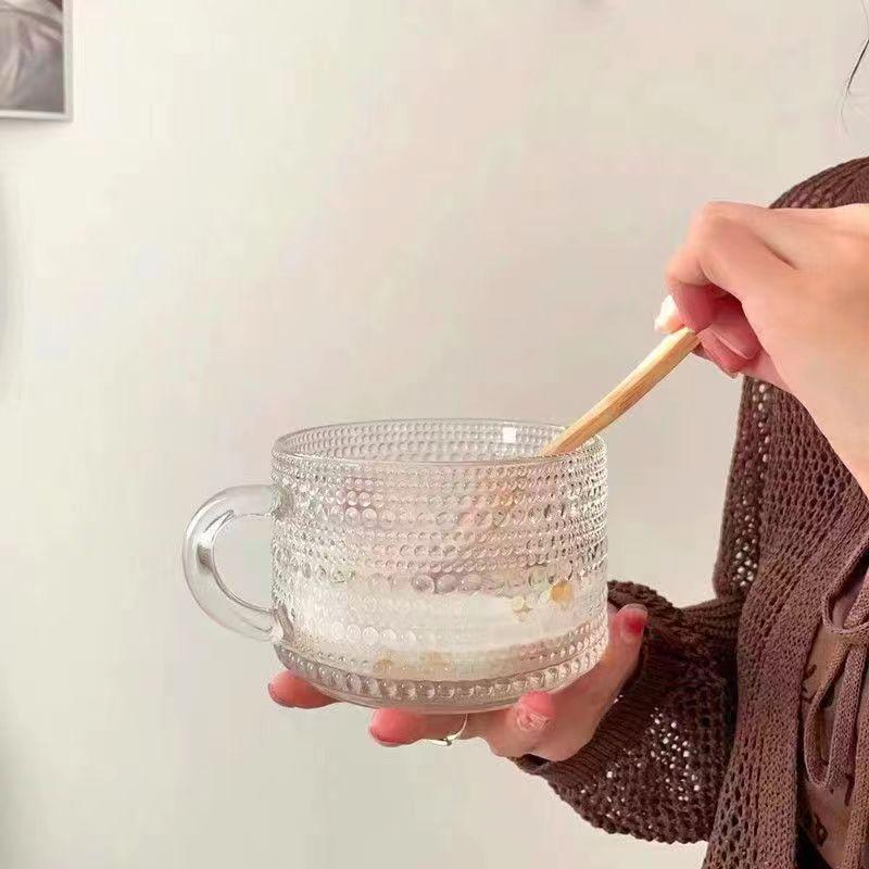 Glass Breakfast Cup with Handle, Oat Cup, Household Transparent Relief Glass Cup, Yogurt Cup