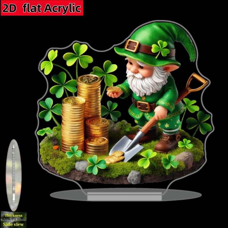 2D Flat Clover Green Gnome Acrylic Desktop Decoration, Gold Coin, Home Decor Plaque Hanging Wall Art Decorative Garden Decoration for Room Door Signs