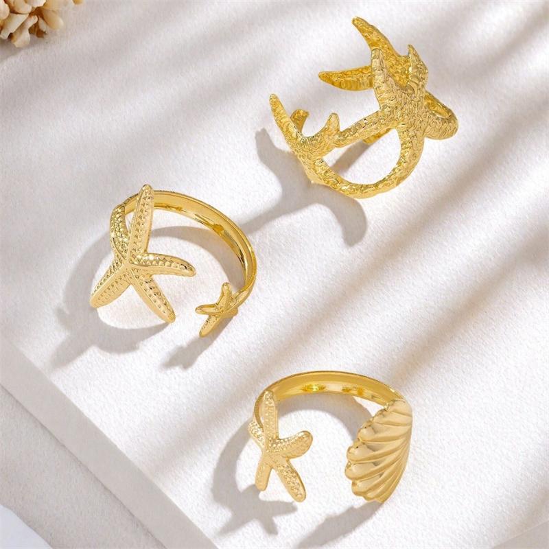 3Pcs/set Luxury Gold Color Starfish Shell Statement Ring for Women Multi Finger Statement Summer Beach Party Jewelry Gift