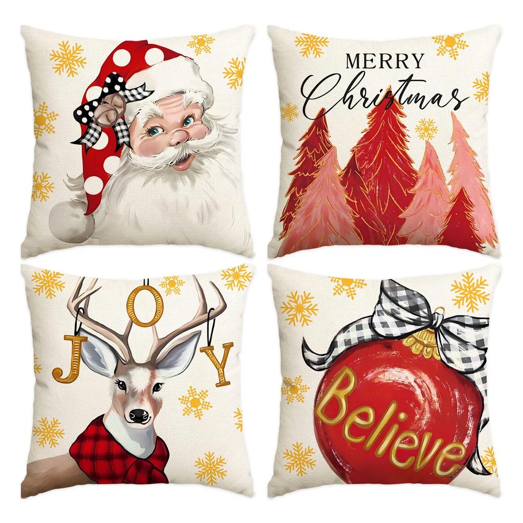 4pcs Merry Christmas Pillow Cover, Christmas Tree Reindeer Santa Claus Living Room Sofa Decoration Cushion Cover