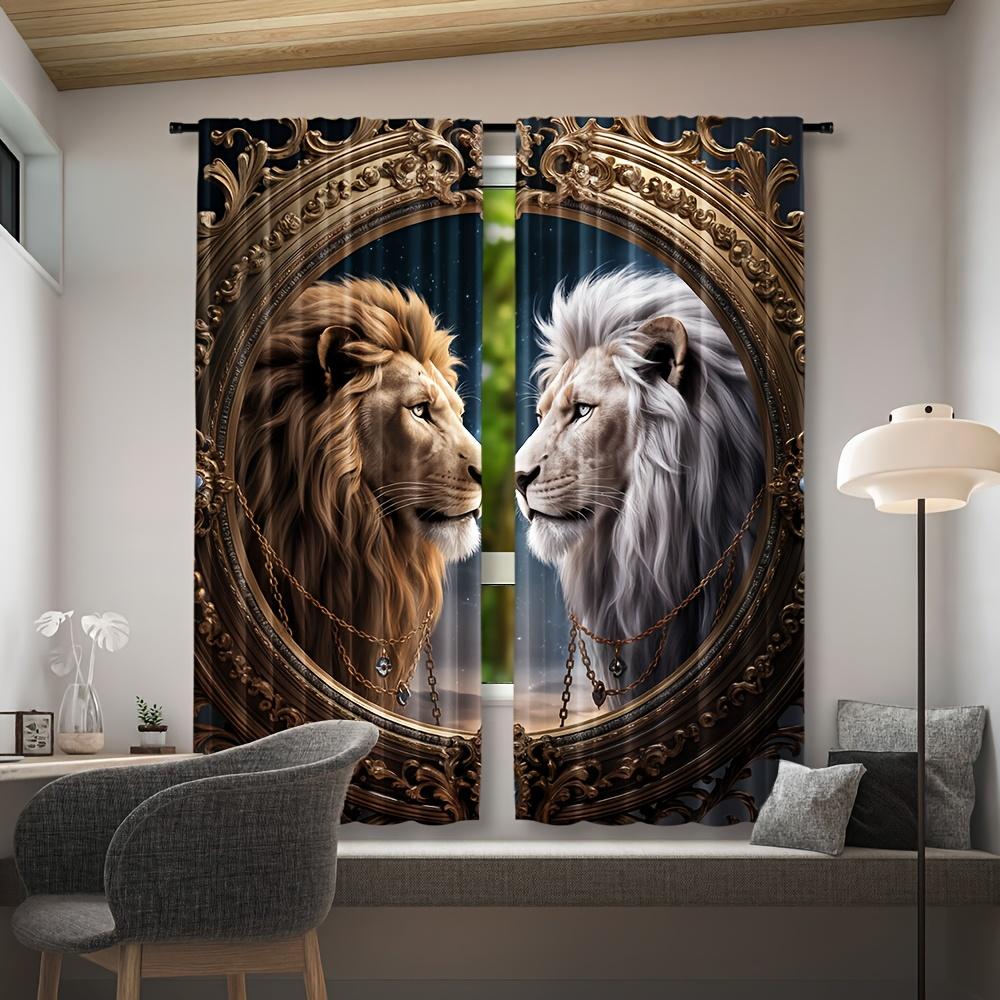 2Pcs Lion-Themed Blackout Curta, Woven Polyester Pongee, Semi-Sheer Contemporary Style Drapes, Machine Washable, With Rod Poc