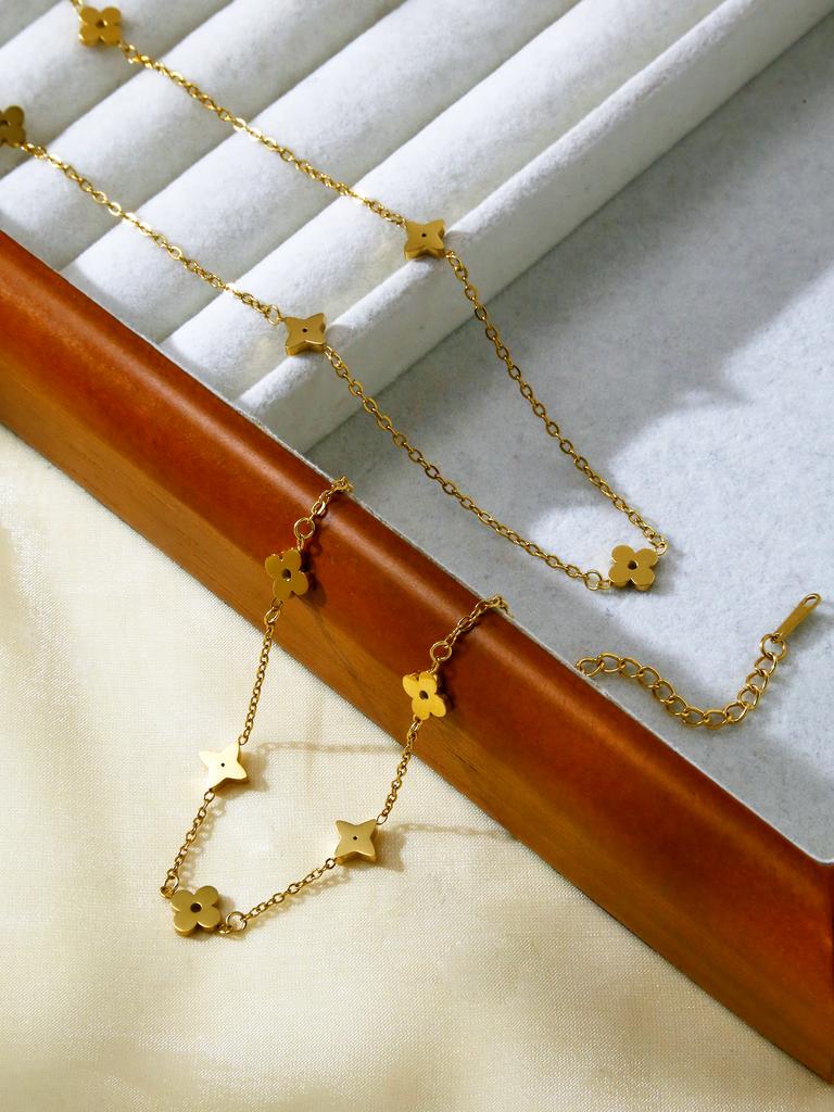 1 Pc/Set Fashion Trend Simple 18k Gold Plated Stainless Steel Gold Lucky Clover With Shooting Star Necklace Bracelet Zircon Set