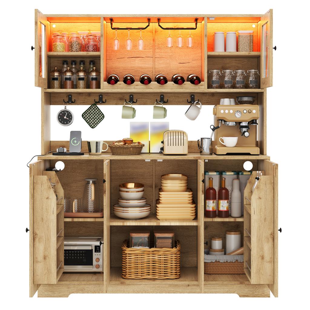 Tall Kitchen Cabinet with LED Lighting and Sockets, Pantry Cabinet with Acrylic Glass Doors, Wine Racks and Wine Glass Holders, 140 × 40 × 173 cm