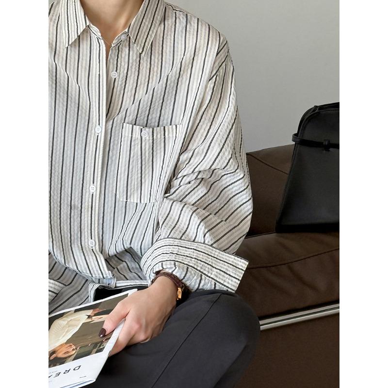 Tachibana, Frühling Neues Koreanisches Minimalistisches Gestreiftes Hemd Langarm Locker Lässig Retro Revershemd