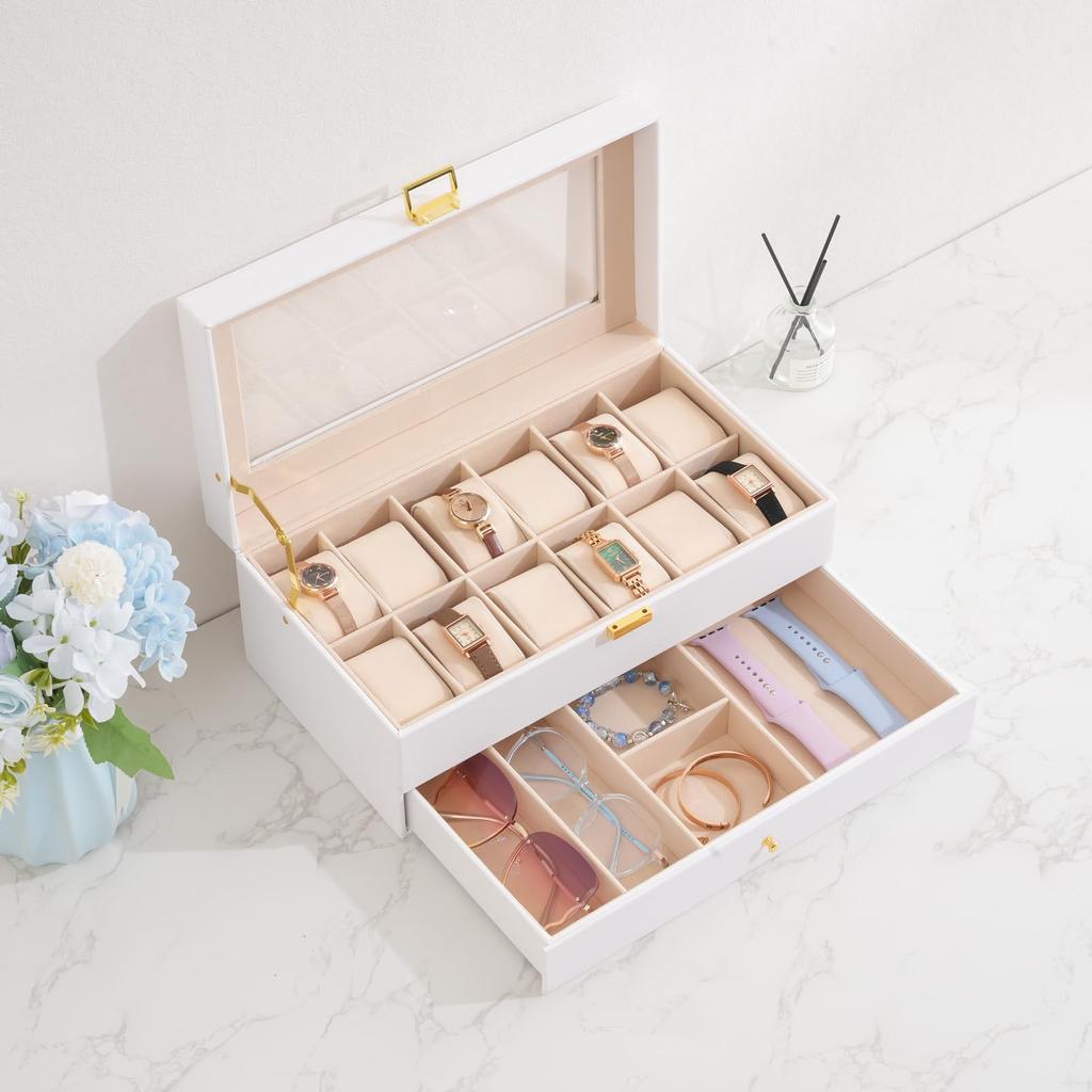 ProCase Boîte de Présentation Montres 12 Emplacements avec Boîte Montre avec Verre 2 Couches Support Organisateur de Rangement Bijoux Boîte Homme, Tiroir, Couvercle Homme,