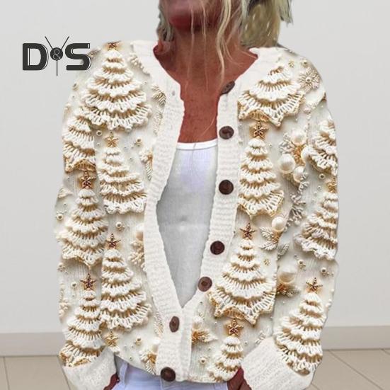 Jachetă cardigan pentru femei, imprimare 3D de Crăciun, cu un singur piept, gât rotund, mâneci lungi, pulover pentru școală de vacanță și navetă