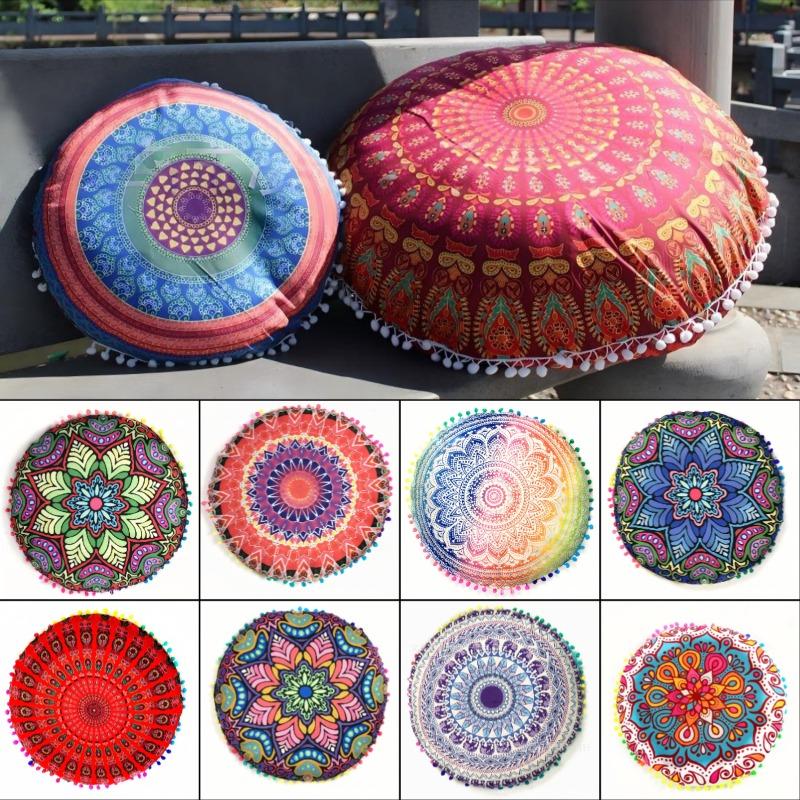 Bohemian 43cm/80cm Round Pillow Case Mandala Pattern Cushion Cover Indian Elephant Retro Meditation Floor Decorative Pillows