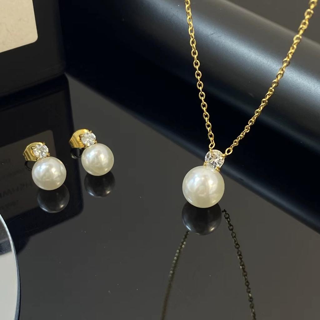 High Quality Pearl Dubai 14K Gold Plated Stainless Steel Pendant Necklace and Earrings Jewelry Set for Women Wedding Party Gift