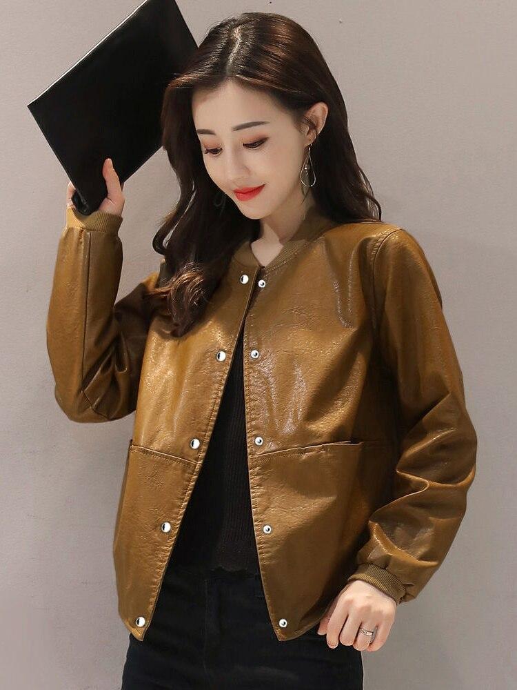 

Женская куртка из искусственной кожи, новинка 2021 года, женская весенне-осенняя одежда, пальто, женское короткое кожаное пальто, повседневная куртка из искусственной кожи XXXL коричневый