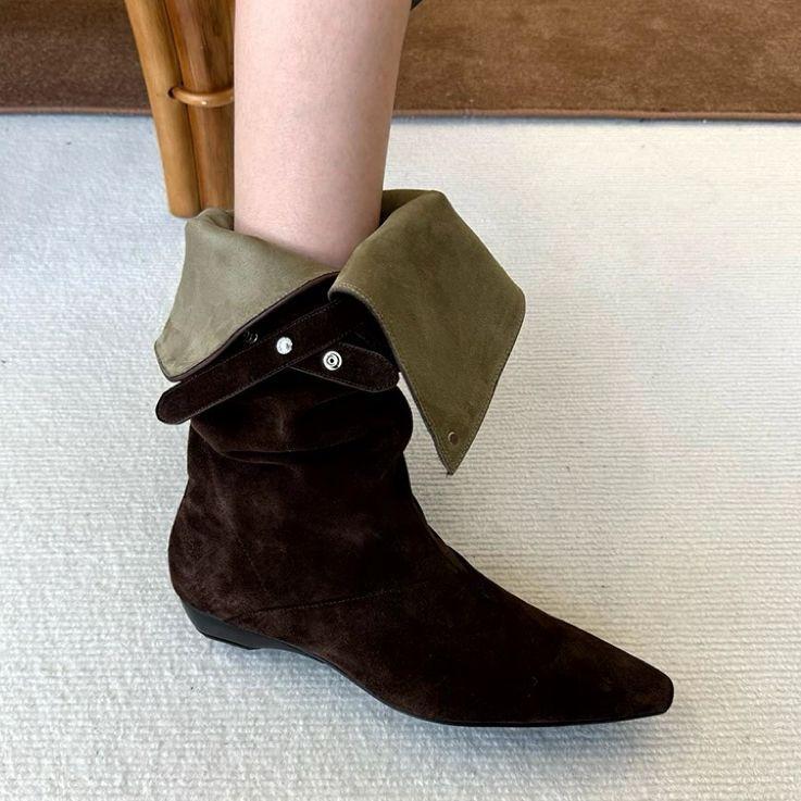 Pointed slope heel western cowboy boots women's 2025 autumn and winter new two wear irregular folded pile boots medium boots tide