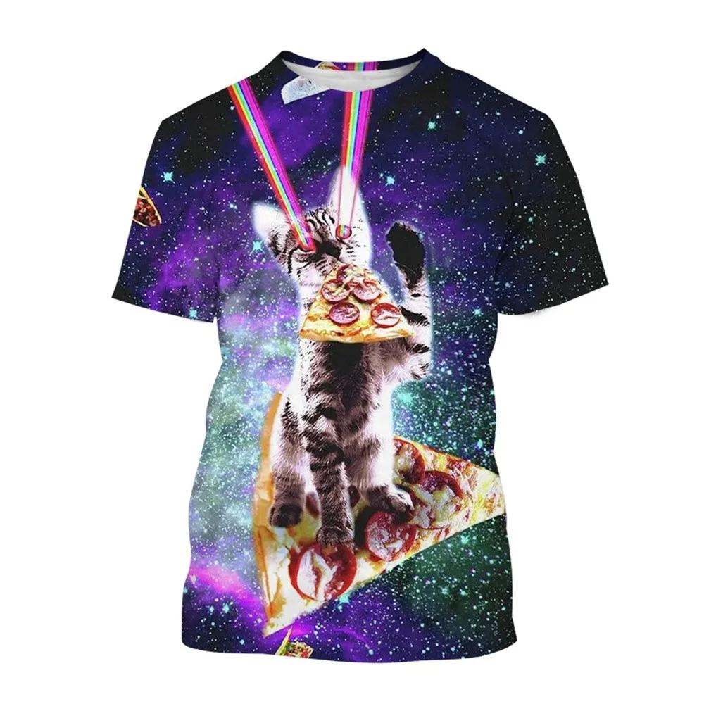 Men's T-shirts Cartoon Laser Pizza Cat Art 3D Print Anime t shirt Men Women Short Sleeve O-Neck Tees Casual Street Y2k Tops
