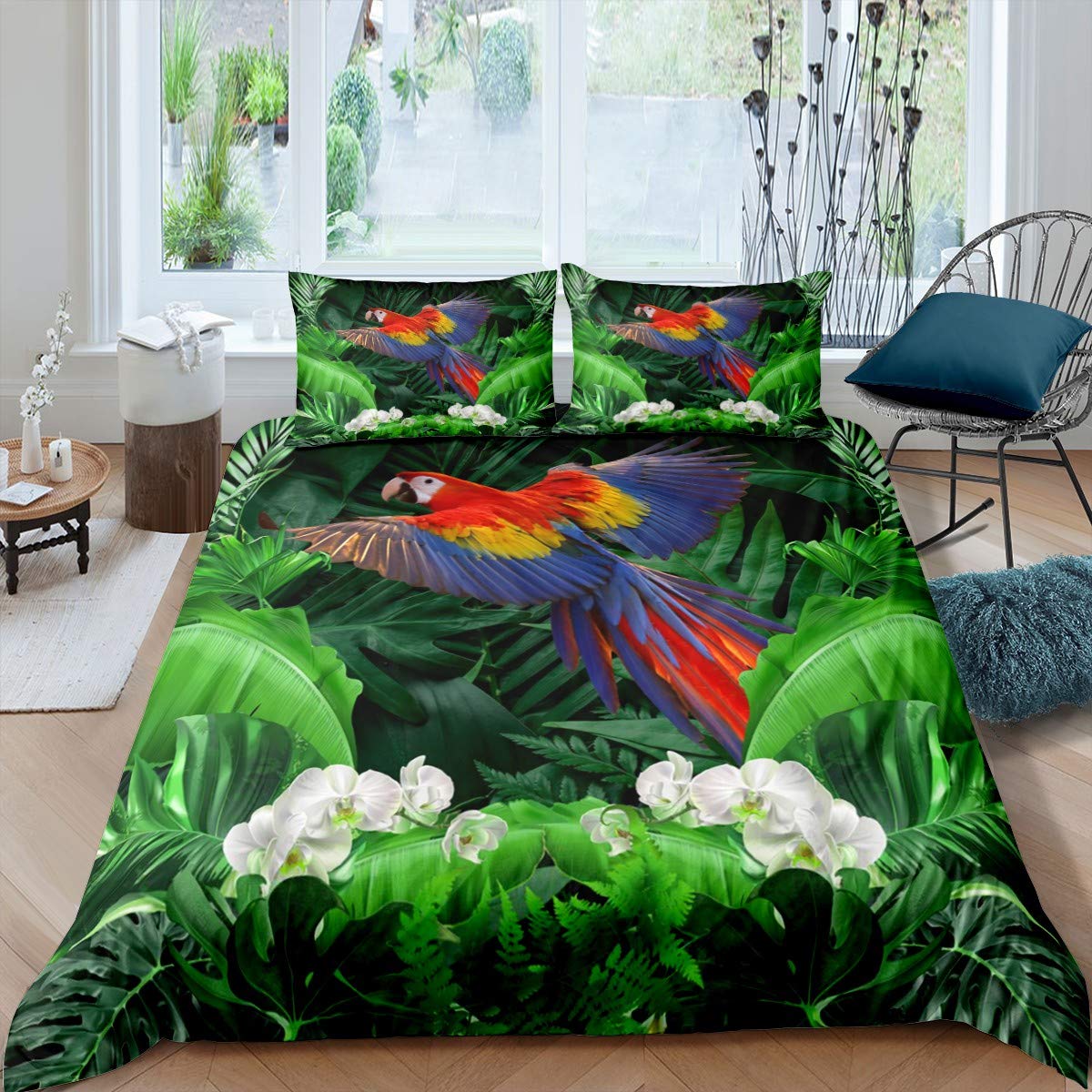 

Parrot King Queen Duvet Cover Colourful Feather Bedding Set Rain Trees Bird Quilt Cover Sunset Mountain Natural Comforter Cover EU Single(135*200cm)3pcs