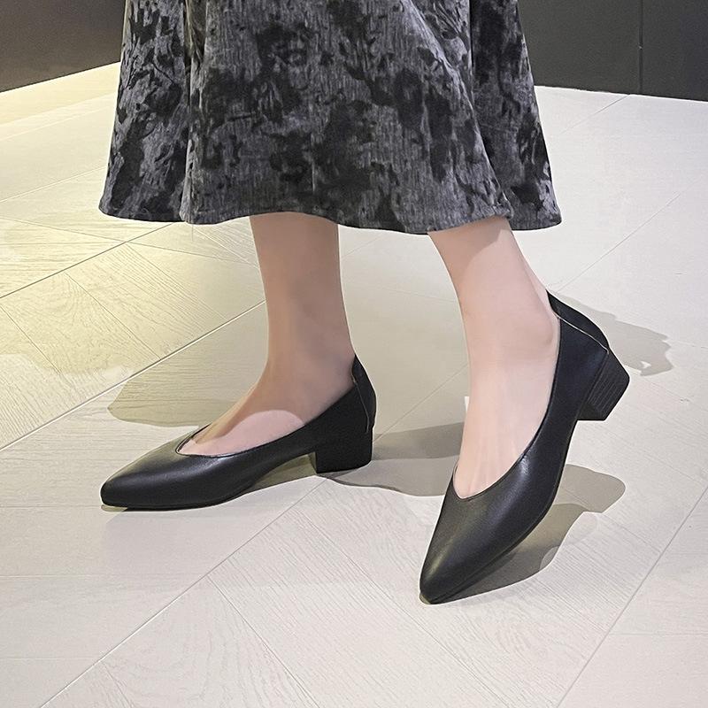 3.5 Cm Leather Spring and Autumn Single Shoes Women's Comfortable Versatile Soft Leather Pointed Work Shoes Occupation Not Tired Feet Thick Heels