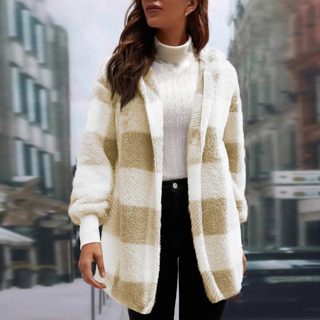 Women's Winter Warm Hooded Plaid Mid-Length Plush Cardigan Jacket