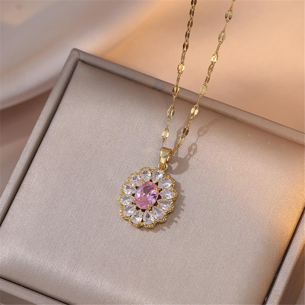 Luxury Female White Pink Zircon Stone Pendant Necklace Vintage Gold Color Wedding Jewelry For Women