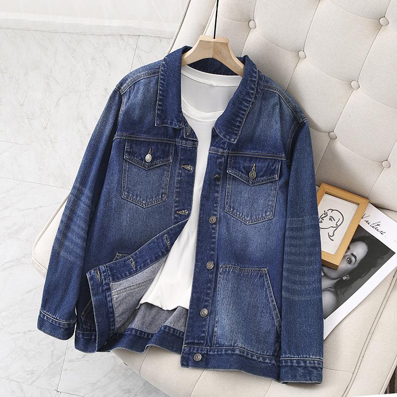 Jachetă de denim vintage de primăvară și toamnă Topuri de talie înaltă pentru femei, lungime mijlocie, largi, mai mari