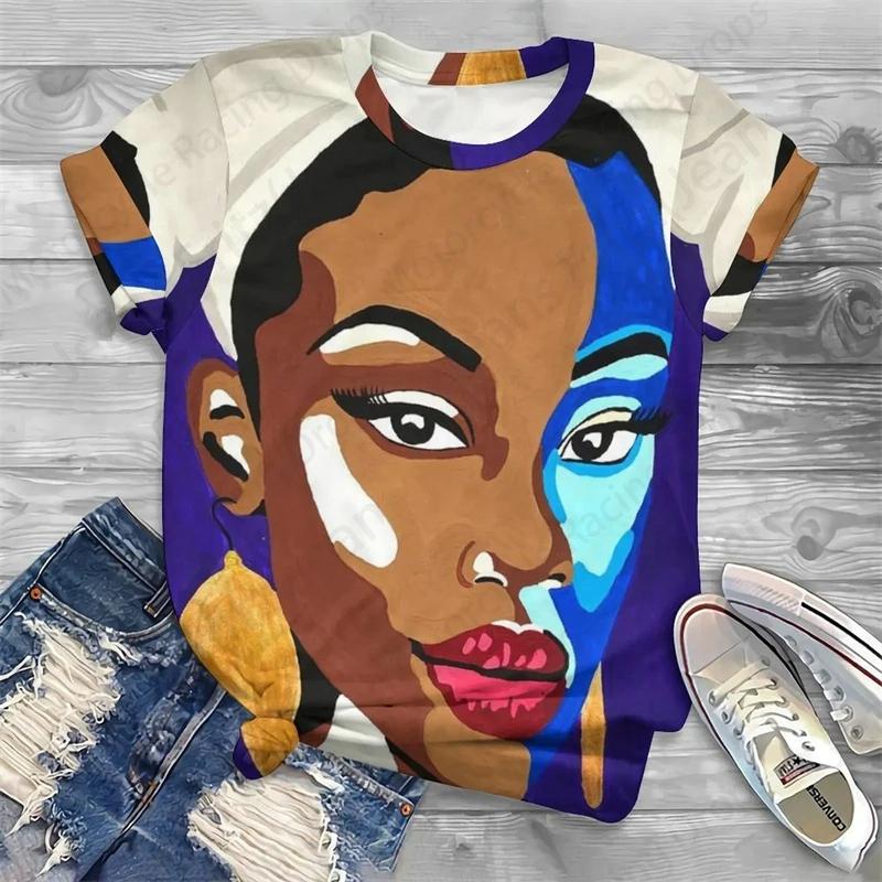 Summer Round Neck 3D African Art Print Top Fashionable Casual Short Sleeved Women's T-shirts