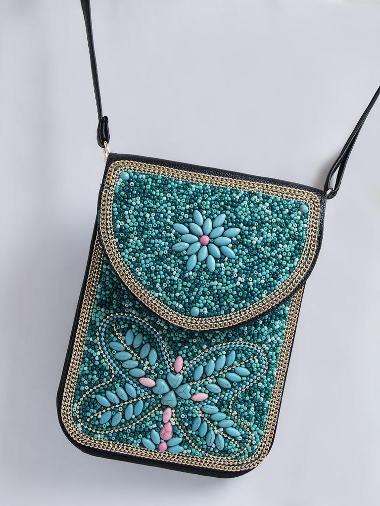 Bohemian Theme Pu Handbag With Magnetic Flap And Floral Accents For Daily Outings