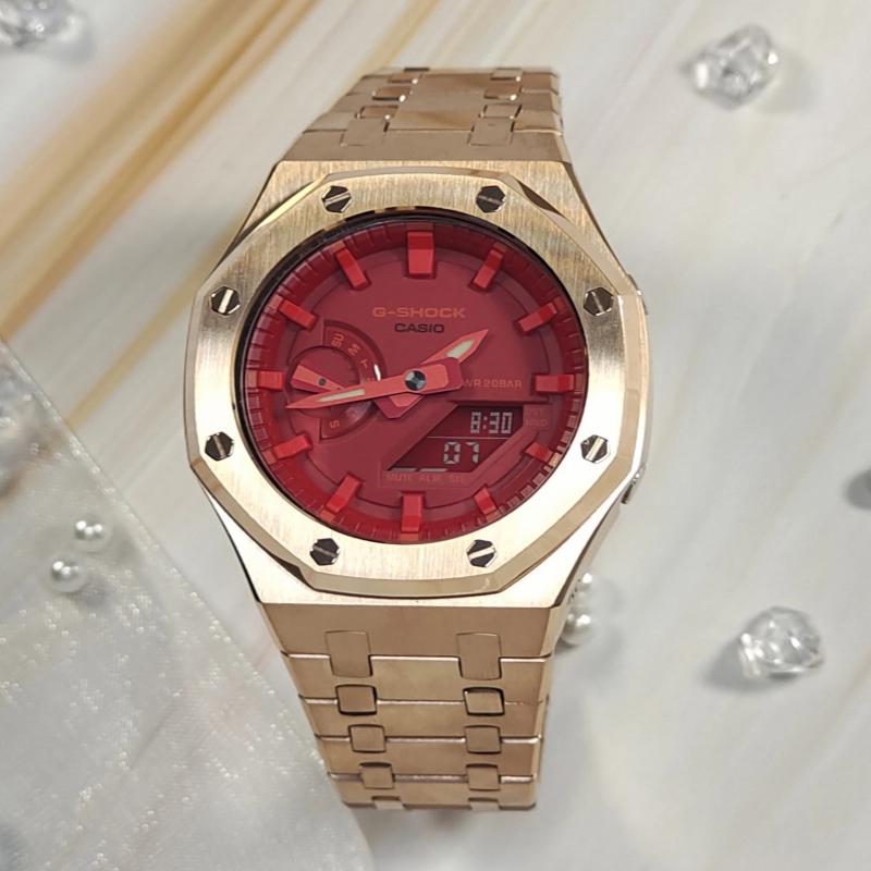 Casio Customized Watch Modified Series Farmer Oak Waterproof 200 Meters GA-2100-1A1 Modified-rose Gold Coral Red Quartz St GA-2100-4A