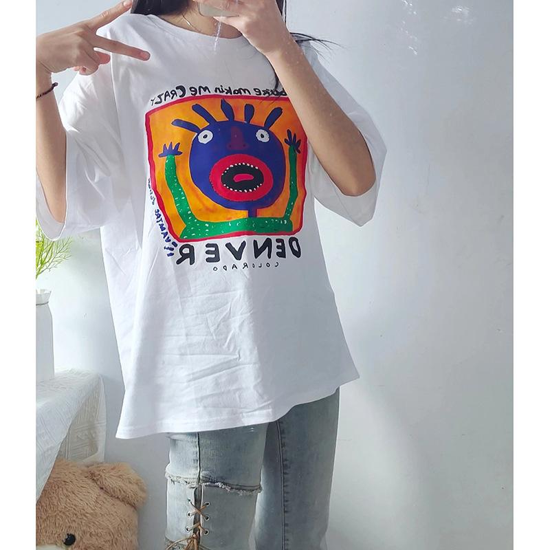 Graffiti cartoon printed cotton t-shirt women's short-sleeved American retro street couple loose half-sleeved top ins tide
