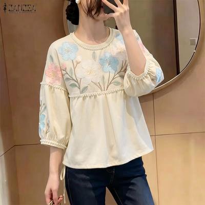Women Casual Round Neck Floral Print Loose 3/4 Sleeve Blouse