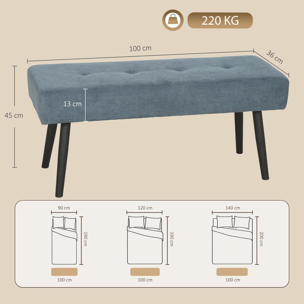 Upholstered Bedroom Entryway Bench, Modern Corduroy Tufted End of Bed Bench with Padded Seat and Steel Legs, Blue