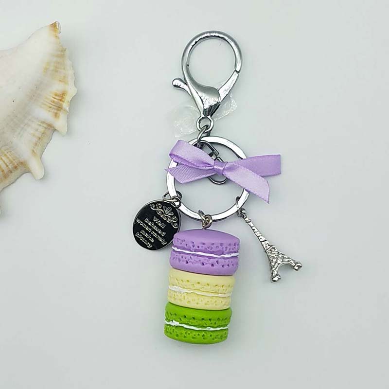 Neuer Kuchen Schlüsselanhänger Mode Auto Schlüsselanhänger Damen Tasche Anhänger Zubehör Frankreich Kuchen Macarons mit Eiffelturm Schlüsselanhänger Geschenk Schmuck