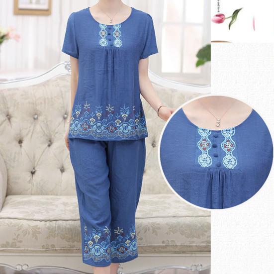 2 Pcs/Set Women T-shirt Pants Set Flower Print Round Neck Short Sleeves Elastic Waist Wide Leg Sleeping Loose Button Decor Plus Size Mom Nighty