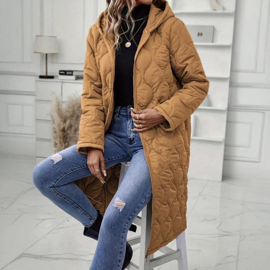 Lange gesteppte Pufferjacke für Damen, lässige, leichte, mit Reißverschluss, mit Kapuze, Winter, knielang, gefütterte Oberbekleidung