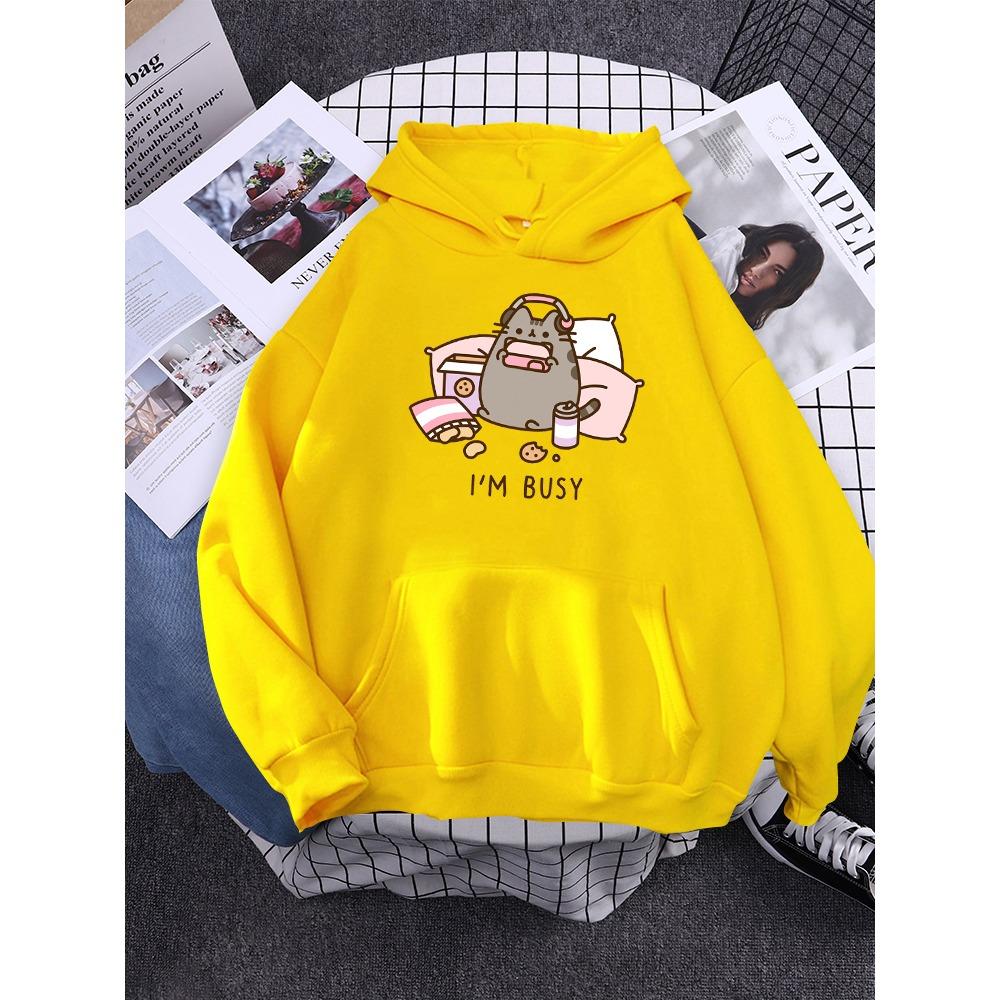 Sorry I'M Busy Cat Playing Games With Headphones Women Hoody Simple Pocket Pullovers Outdoor Soft Sweat Street Casual Female Top