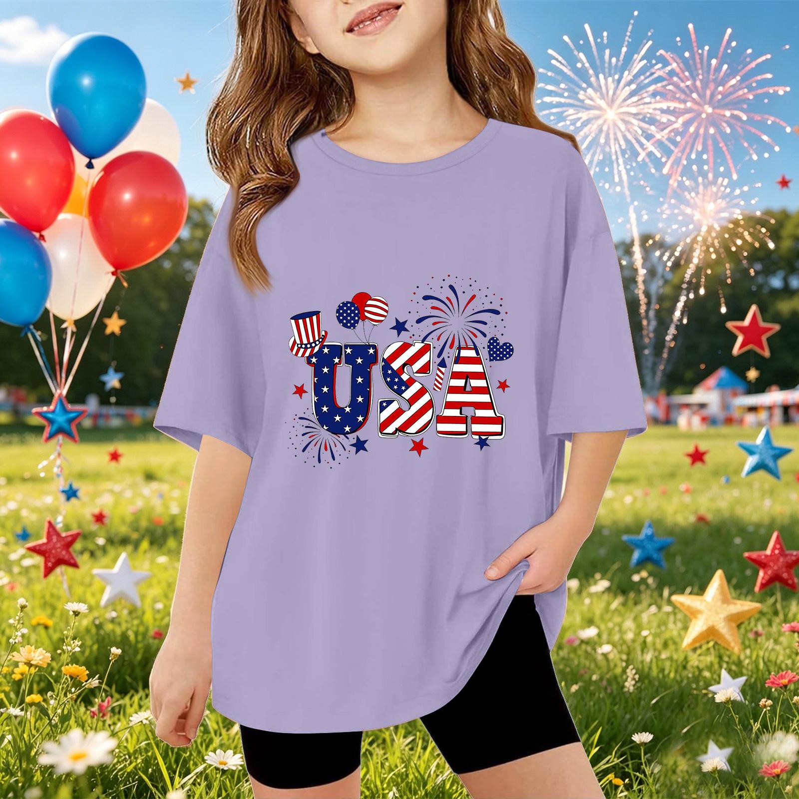 

Kids Short Sleeve T-Shirt USA Print Independence Day Graphic Tee Top Casual Fit Soft Fabric Comfortable Wear for Boys and Girls 160 фіолетовий