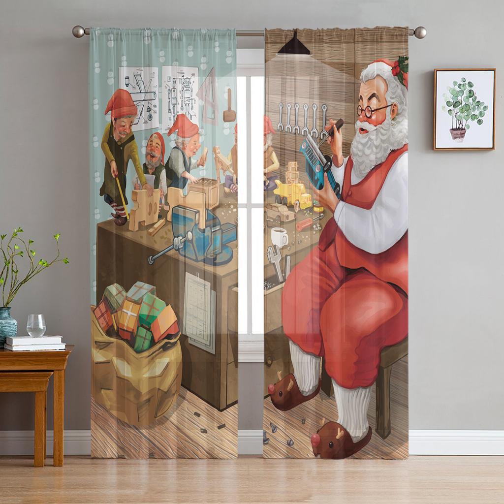 Merry Christmas Santa Claus Red Sheer Curtains for Living Room Modern Voile Curtain Bedroom Tulle Curtains Window Drapes Decor