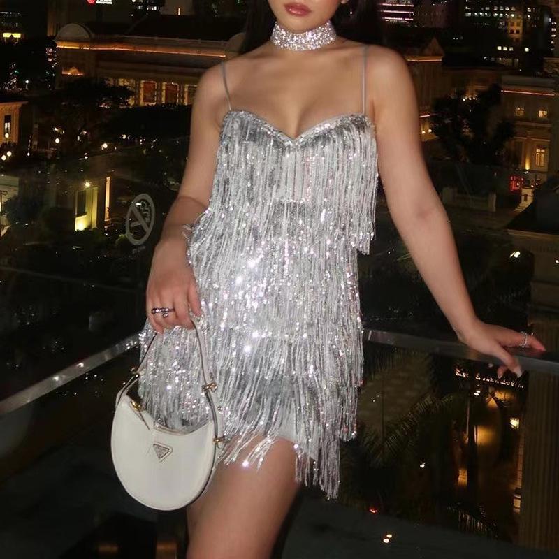 Women s Sequin Fringe Bodycon Spaghetti Strap Evening Dress XXL серебряный
