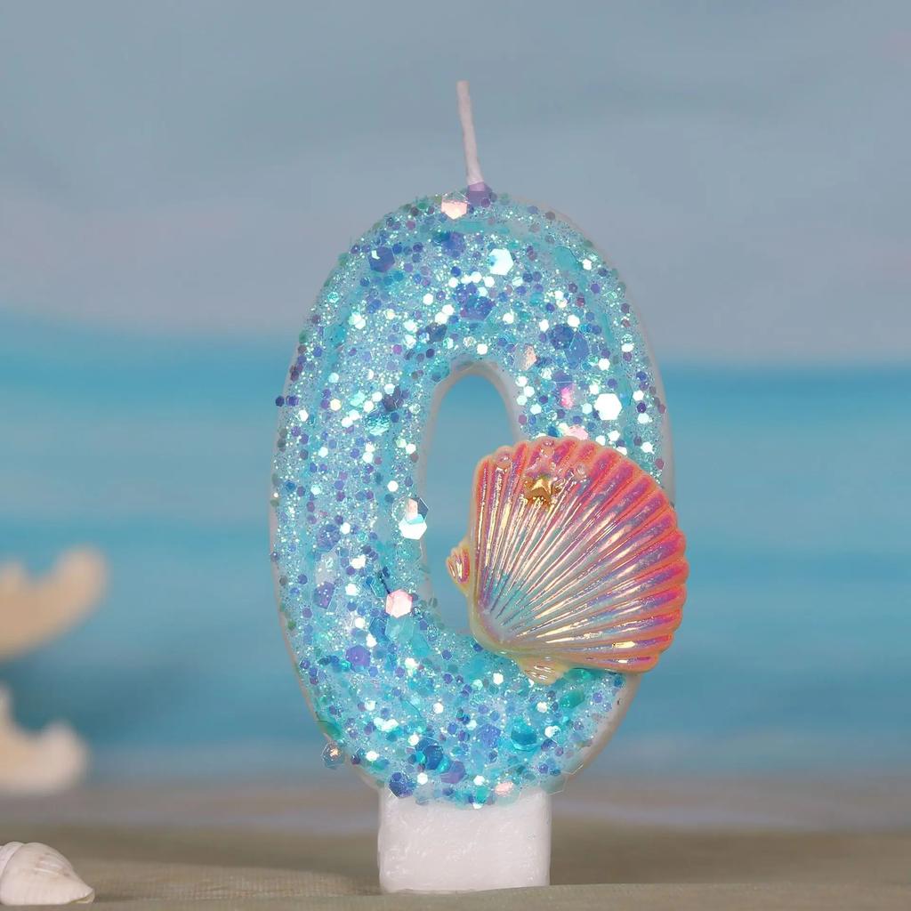 Ocean Mermaid Cake Number Candles 0-9 Blue Cake Topper with Sequins Girls Birthday Party Cake Decoration Supplies Boy Shell Gift