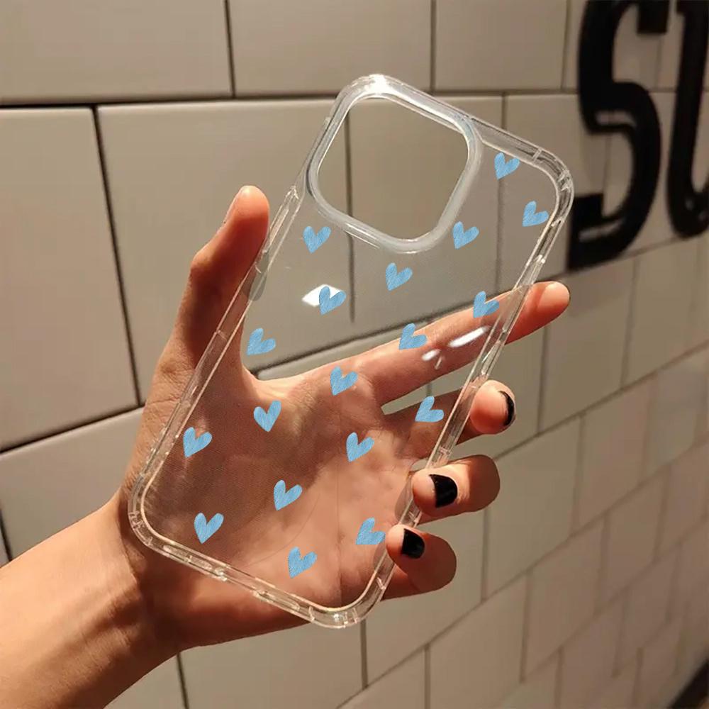 Blue heart-shaped transparent phone case for iPhone 17 16 15 14 13 12 11 Pro/ Max /Plus anti-fall and shockproof back cover