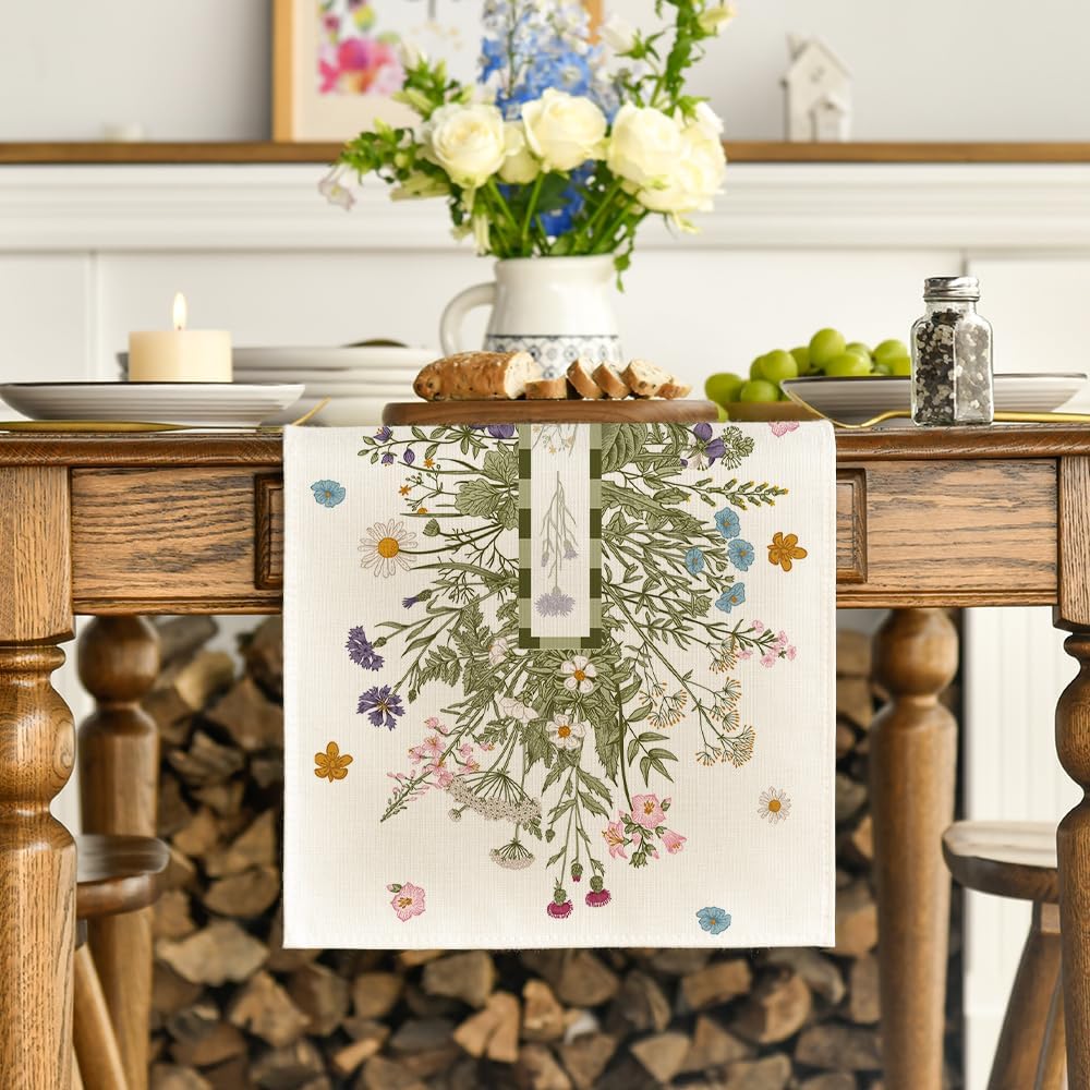 Spring Wildflowers Daisy Flower Linen Table Runner Holiday Party Decor Reusable Kitchen Dining Table Runner Wedding Decorations