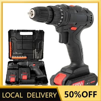 Akku-Bohrschrauber 25 Drehmoment Akku-Bohrer 2 Geschwindigkeiten Elektrischer Schraubendreher mit 2 Akkus Werkzeugkasten