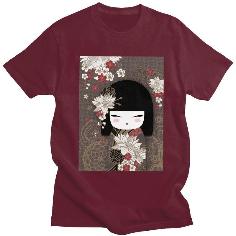 Custom Kokeshi Doll Cherry Blossoms T Shirts Men 100 Cotton Tee Tops Japanese Kimono Geisha Girl Tshirts Tshirt