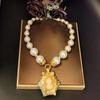 Vintage diamond-encrusted pearl necklace stud fashion set, retro natural light luxury copper plated with real gold