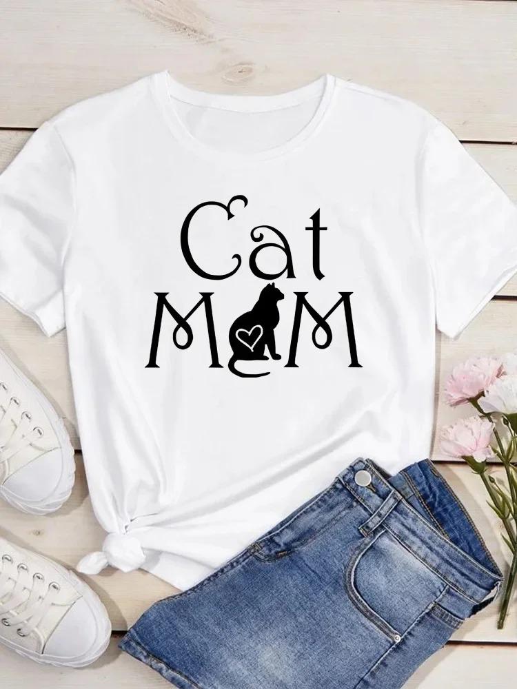 New Cute Love Heart Cat Print Women T-Shirt Casual Short Sleeve Top Summer Women's Clothing Cartoon Streetwear Y2k Clothes
