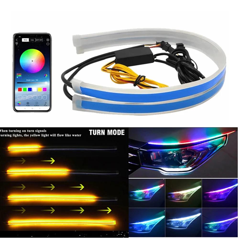 2pcs 12V RGB Car Led Strip Lights Flowing Turn Signal Lamp App Control Flexible Decorative Strip Waterproof DRL Day Running Lamp