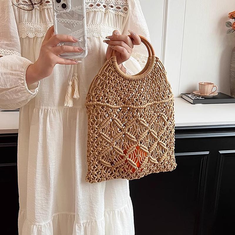 New Wooden Handle Rattan Handle Solid Color Hollow Handmade Cotton Rope Woven Bag Seaside Vacation Handbag Straw Bag