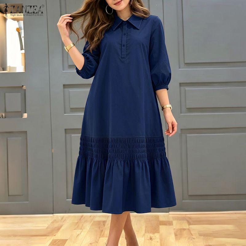 ZANZEA Women Casual Turn Down Collar Solid Color 3/4 Sleeve Loose Dress