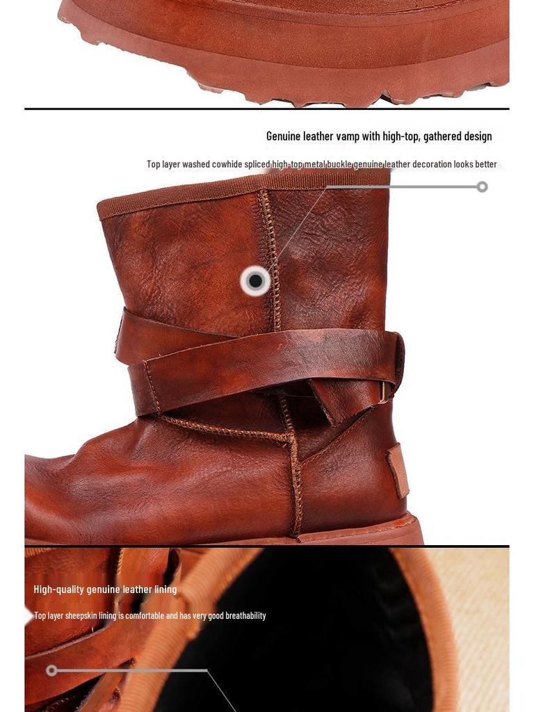 Women's 2025 Height-Increasing Martin Boots - Washed Cowhide Platform Ankle Boots with Buckle and Thick Sole